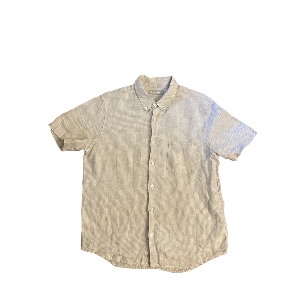 Men M Everlane Short Sleeved Button-Down 100% Linen Gray Stripe Shirt Top Pocket